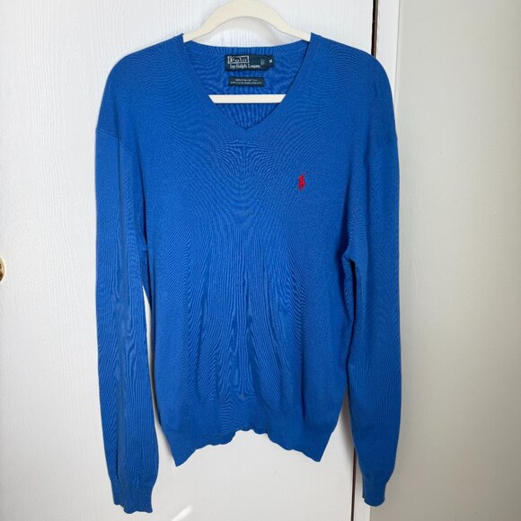 Polo Ralph Lauren Blue V Neck Sweater Medium | Red Pony Logo Classic Preppy - Picture 2 of 6